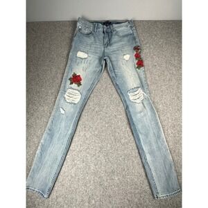 PacSun Stacked Skinny Jeans Light Wash Embroidered Roses Distressed Womens 31x32